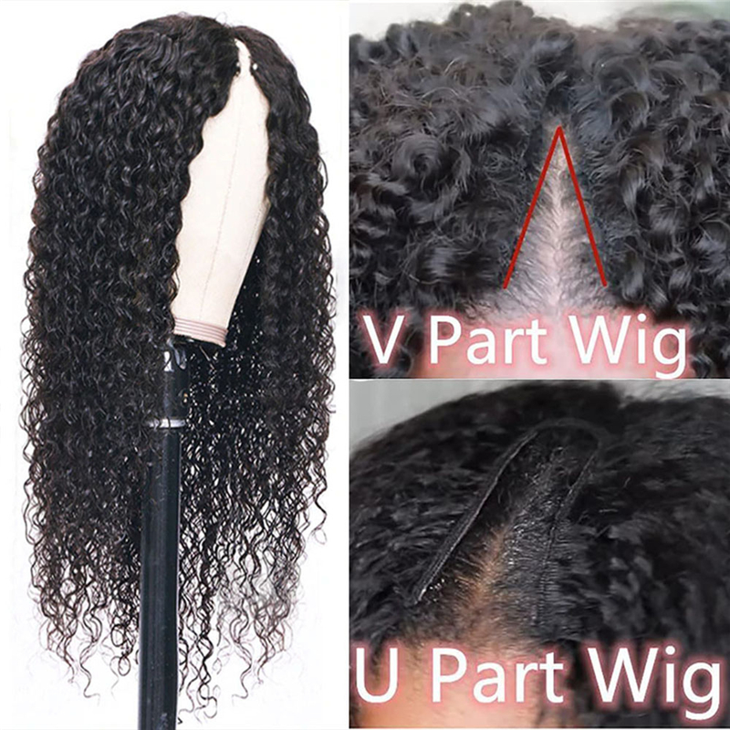 Virgin Human Hair Afro Kinky Curly V Part Wigs - 图片 5